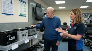 A Senior Gentleman Comparing Different Mobility Scooter Batteries