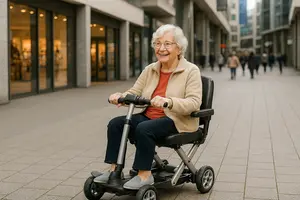 A Senior Lady Riding a Folding Scooter in a Shopping Centre