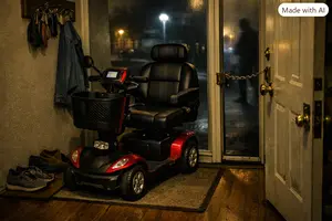 A Mobiliy Scooter Locked Up for the Night