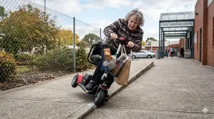 A Lady Rider on a 3-Wheel Scooter Tipping on the Foot Path