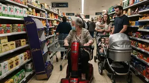 A Senior Lady Rider in Shopping Aisle with Her Mobility Scooter