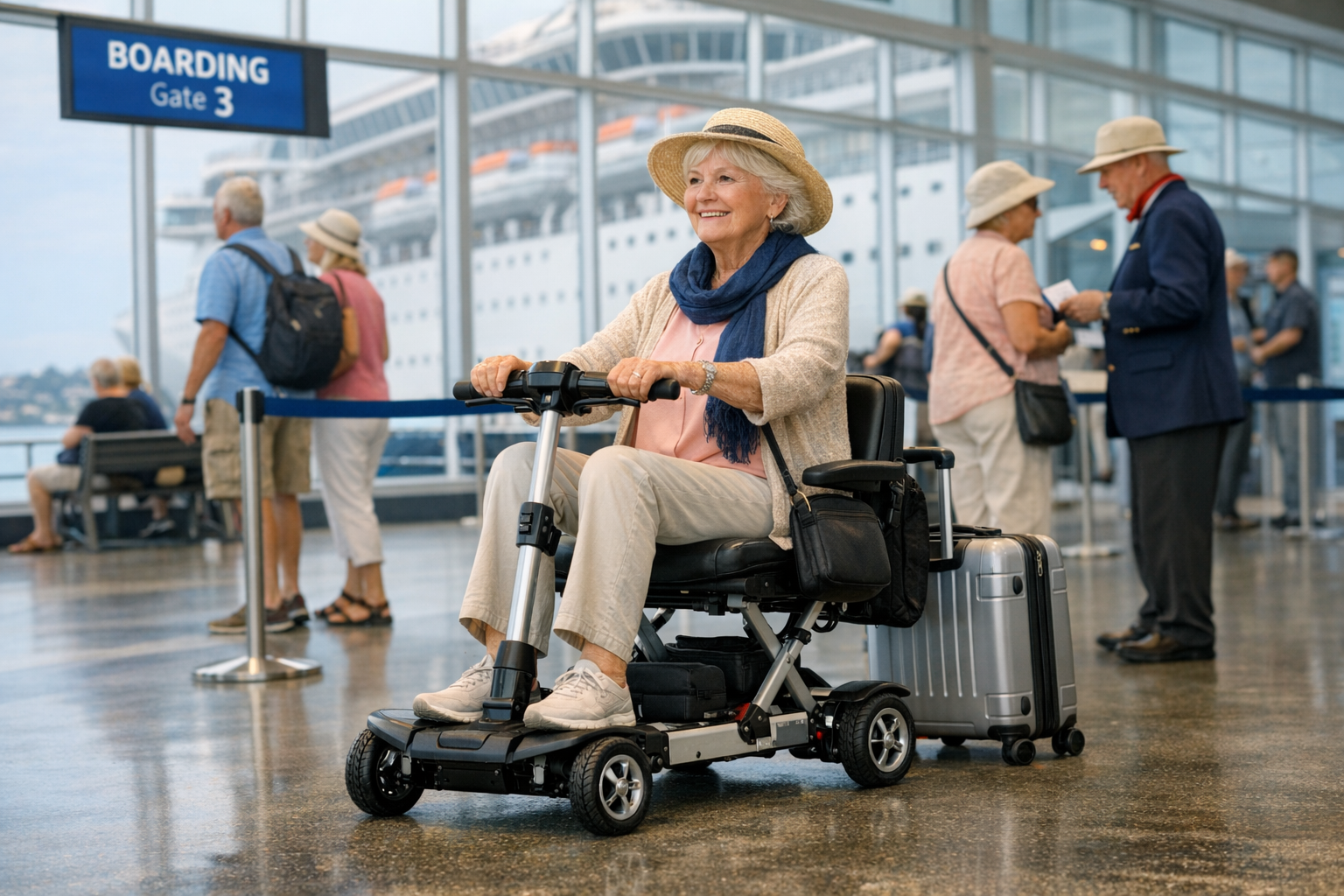 Senior Lady in Her Folding Disability Scooter in a Cruise
