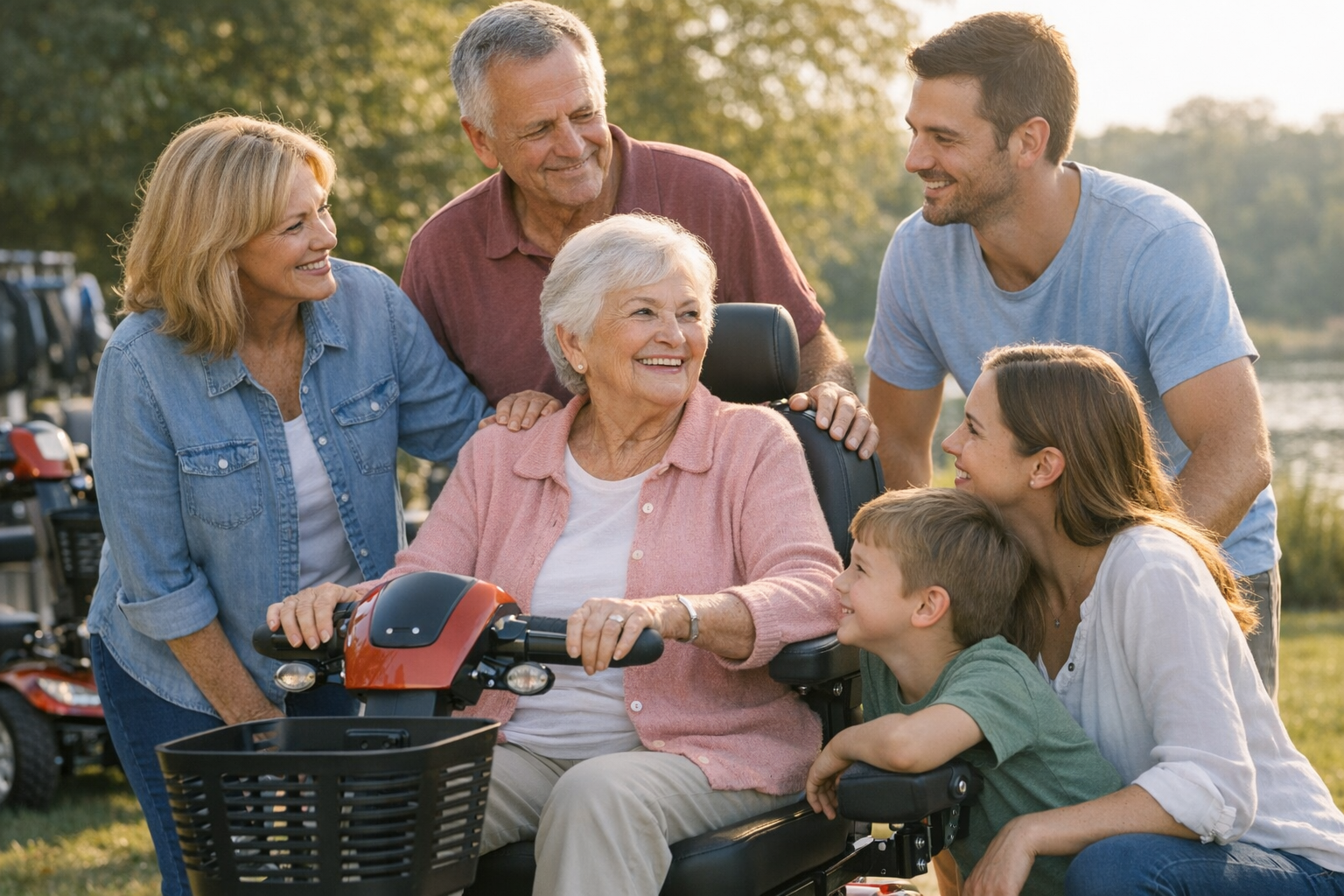 Senior Lady in Her Four Wheel Scooter with Family