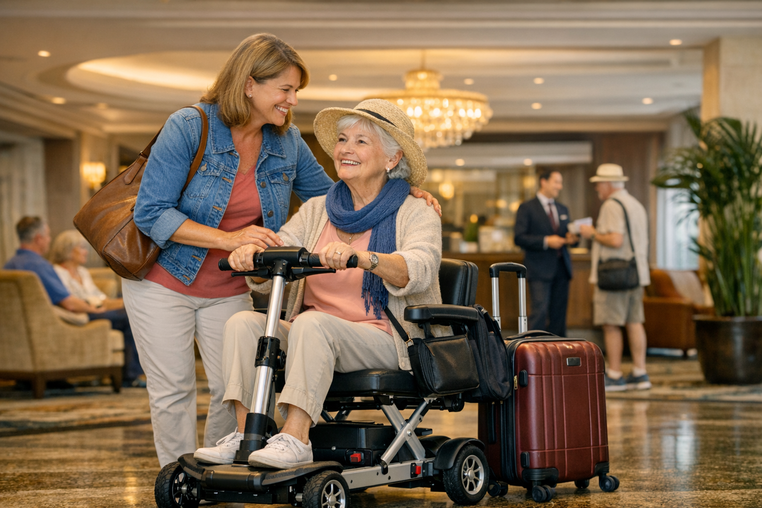A Senior Lady in Her Folding Disability Scooter with Her Family