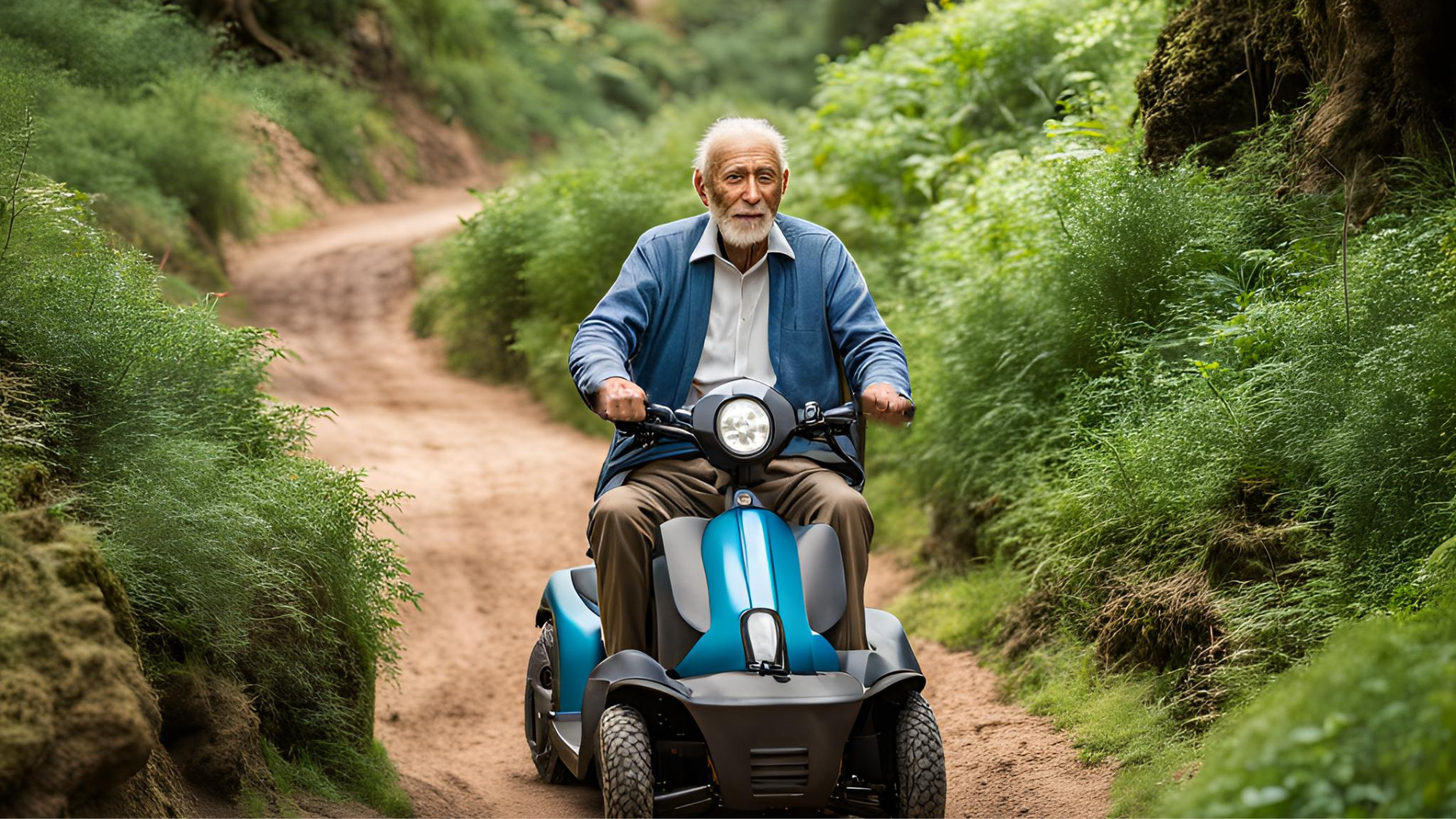 A gentleman riding a heavy duty mobility scooter