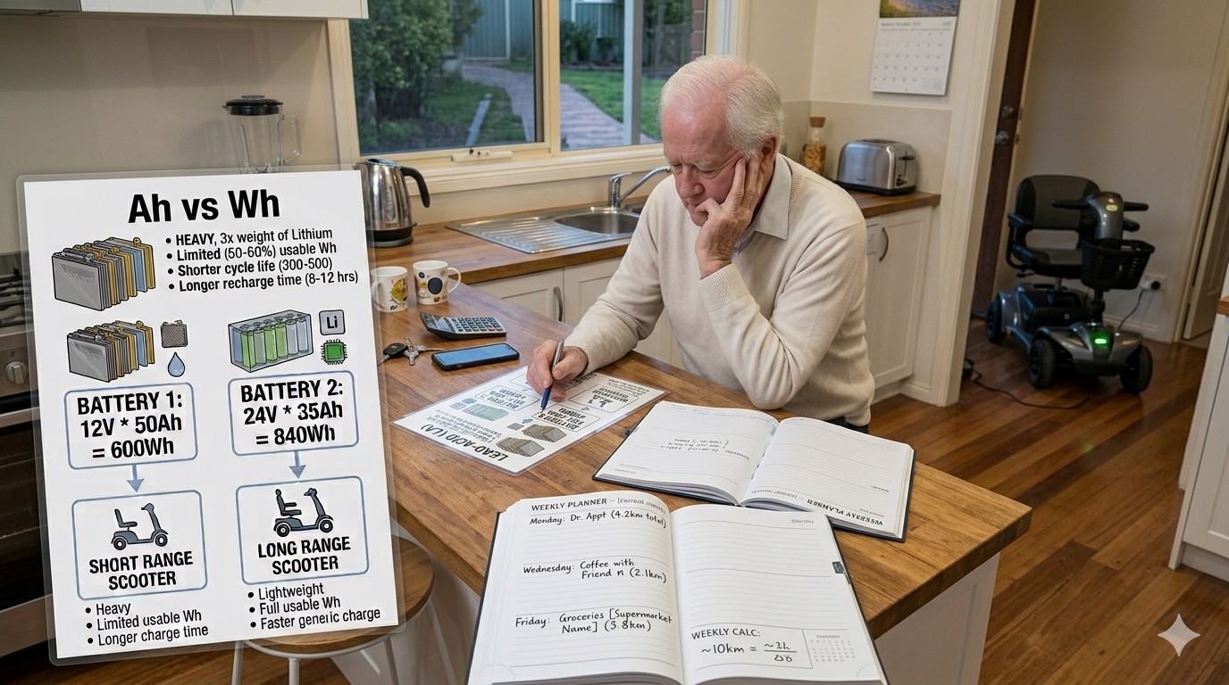 A Senior Gentleman Calculating His Scooter Battery Capacity A Senior Gentleman Calculating His Scooter Battery Capacity