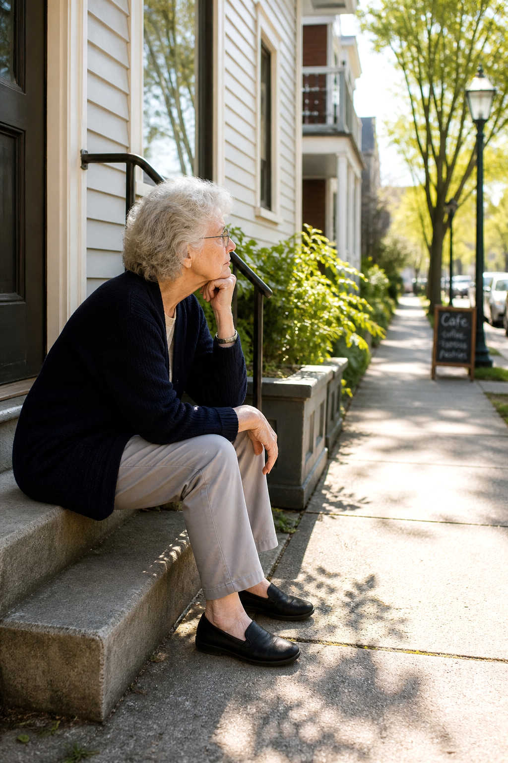 Elderly Lady Sitting in Her House Steps Elderly Lady Sitting in Her House Steps