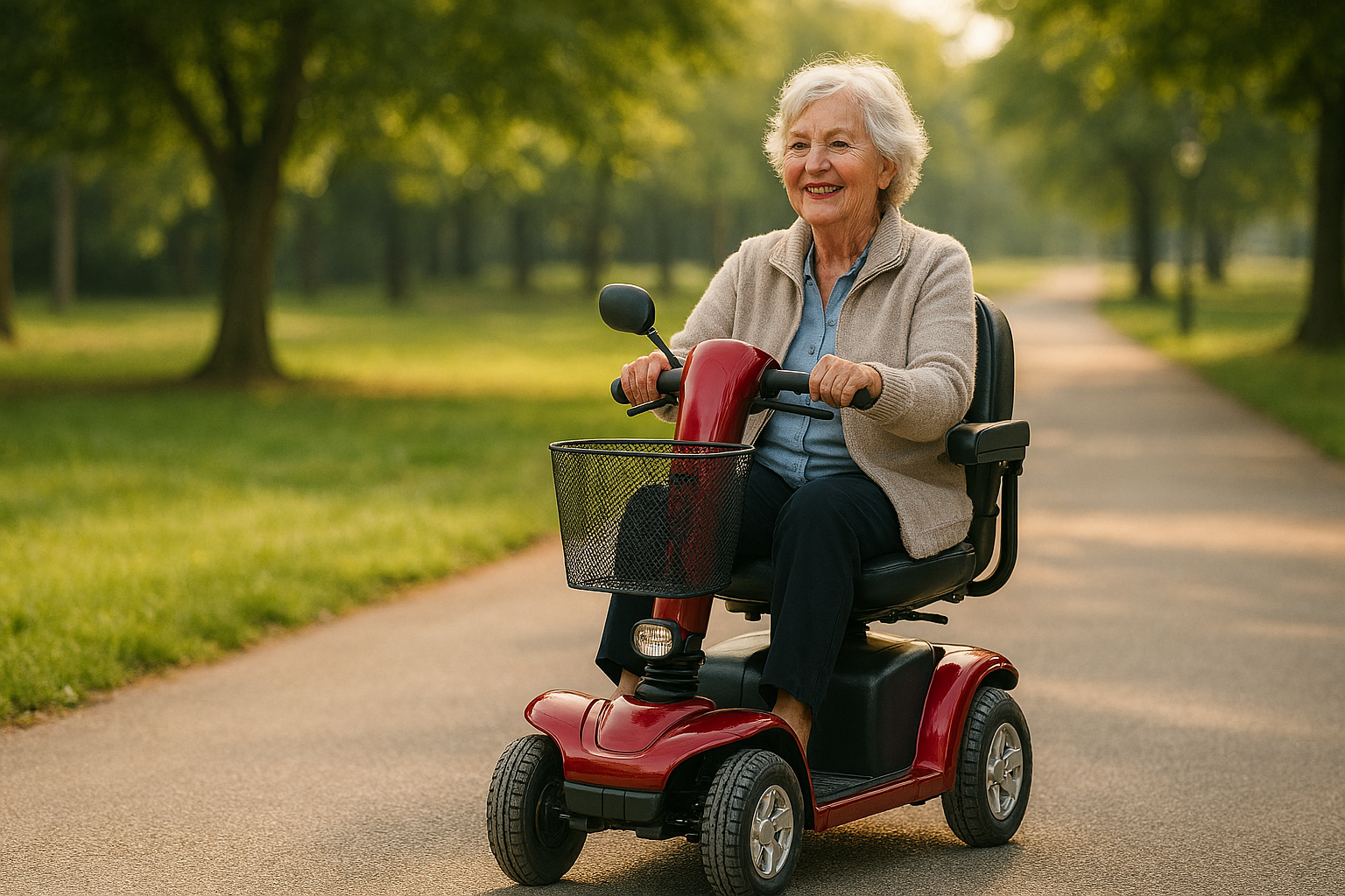 A SeniorLady Riding on Her Electric 4 Wheel Scooter in the Park