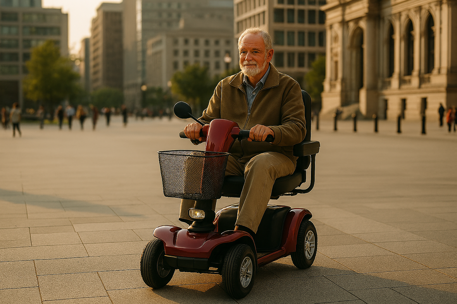 A Gentleman on His Elecric 4 Wheel Scooter in a Urban Setting