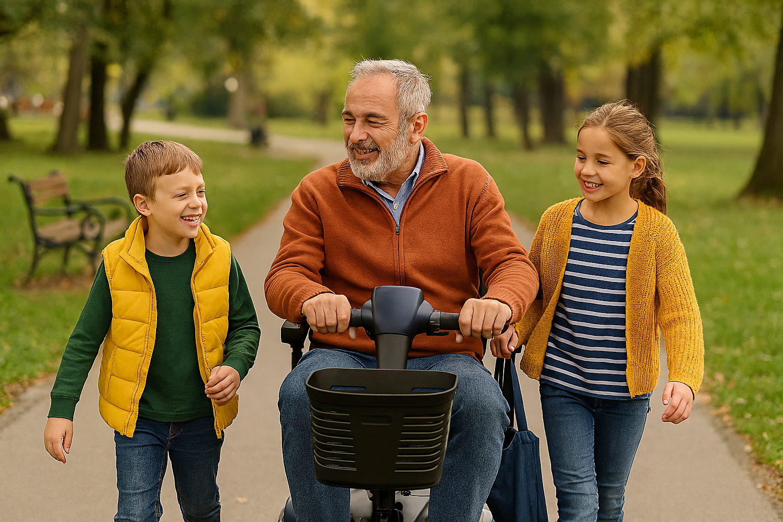 Granpa on His Elecric Scooter and with his Two Grandkids in the Park Granpa on His Elecric Scooter and with his Two Grandkids in the Park