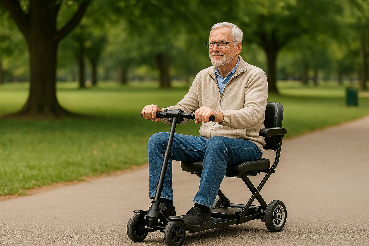 A Senior Gentleman in a Foldable Scooter A Senior Gentleman in a Foldable Scooter