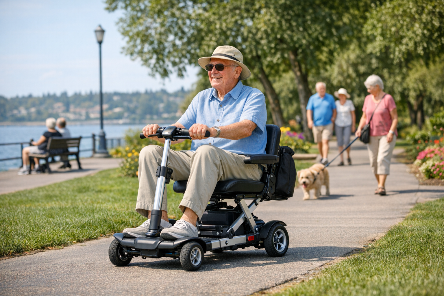 A Senior Gentleman in His Folding Disability Scooter in the Boardwalkk