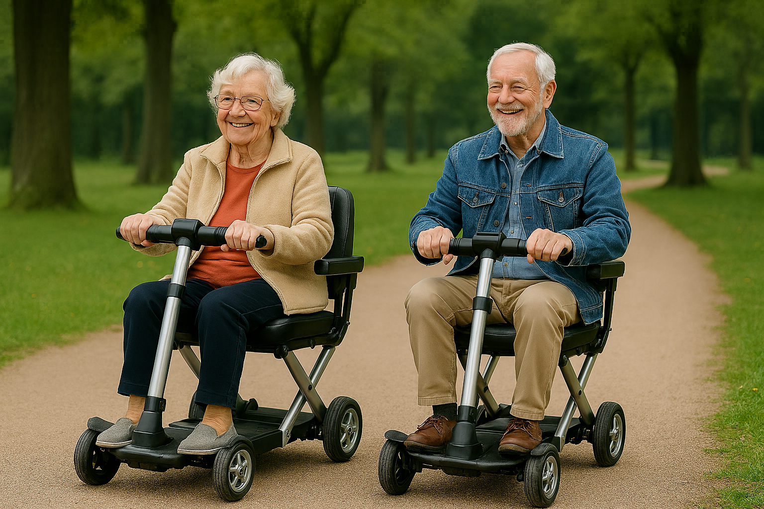 A Senior Couple on Their Folding Scooter