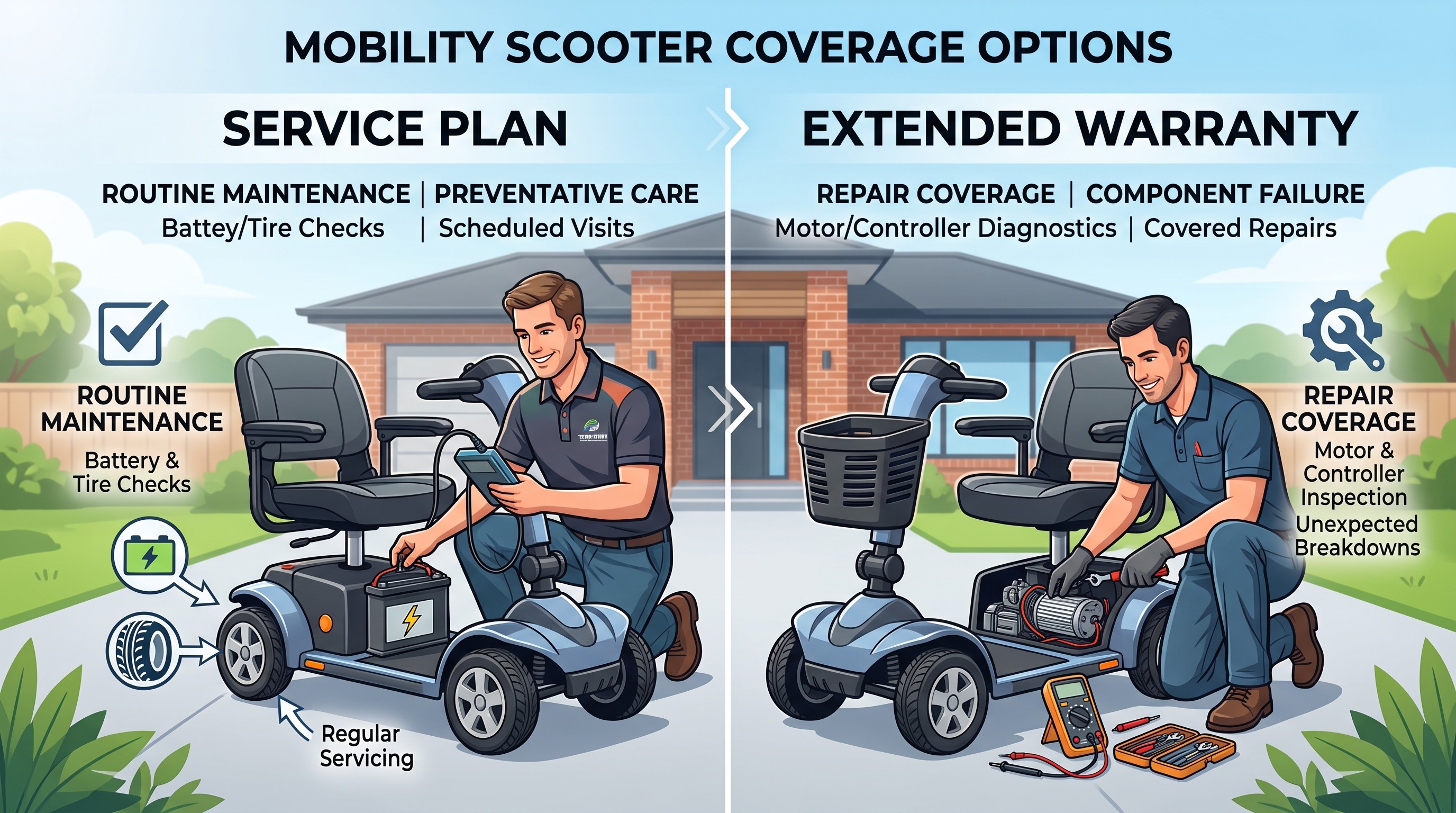 GraphicnIllustration of a Mobility Scooter Technician doing a Service Plan vs an Extended Warranty GraphicnIllustration of a Mobility Scooter Technician doing a Service Plan vs an Extended Warranty