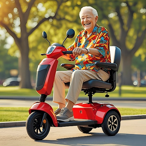 A Gentleman in Hawaian Polo Riding a Lightweight Foding Scooter