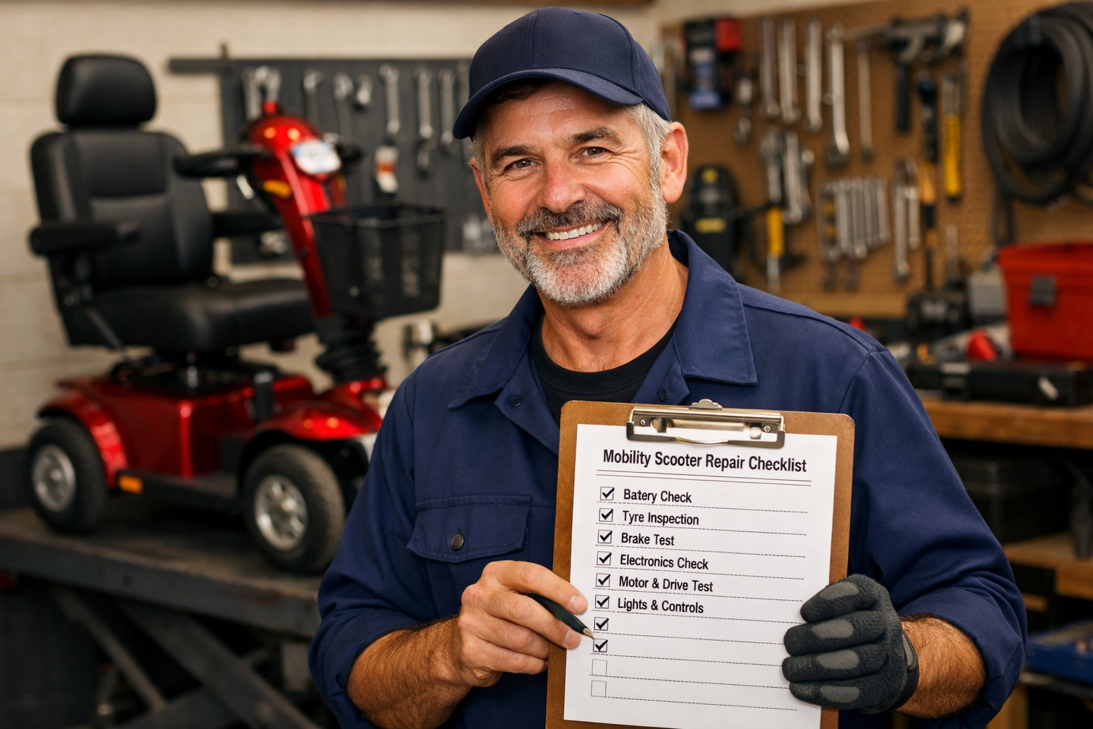 Mobility Scooter Mechanic Holding a Repair Check List Mobility Scooter Mechanic Holding a Repair Check List