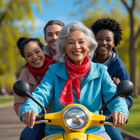 A Lady with Red Scarf in Her Mobility SCooter A Lady with Red Scarf in Her Mobility SCooter