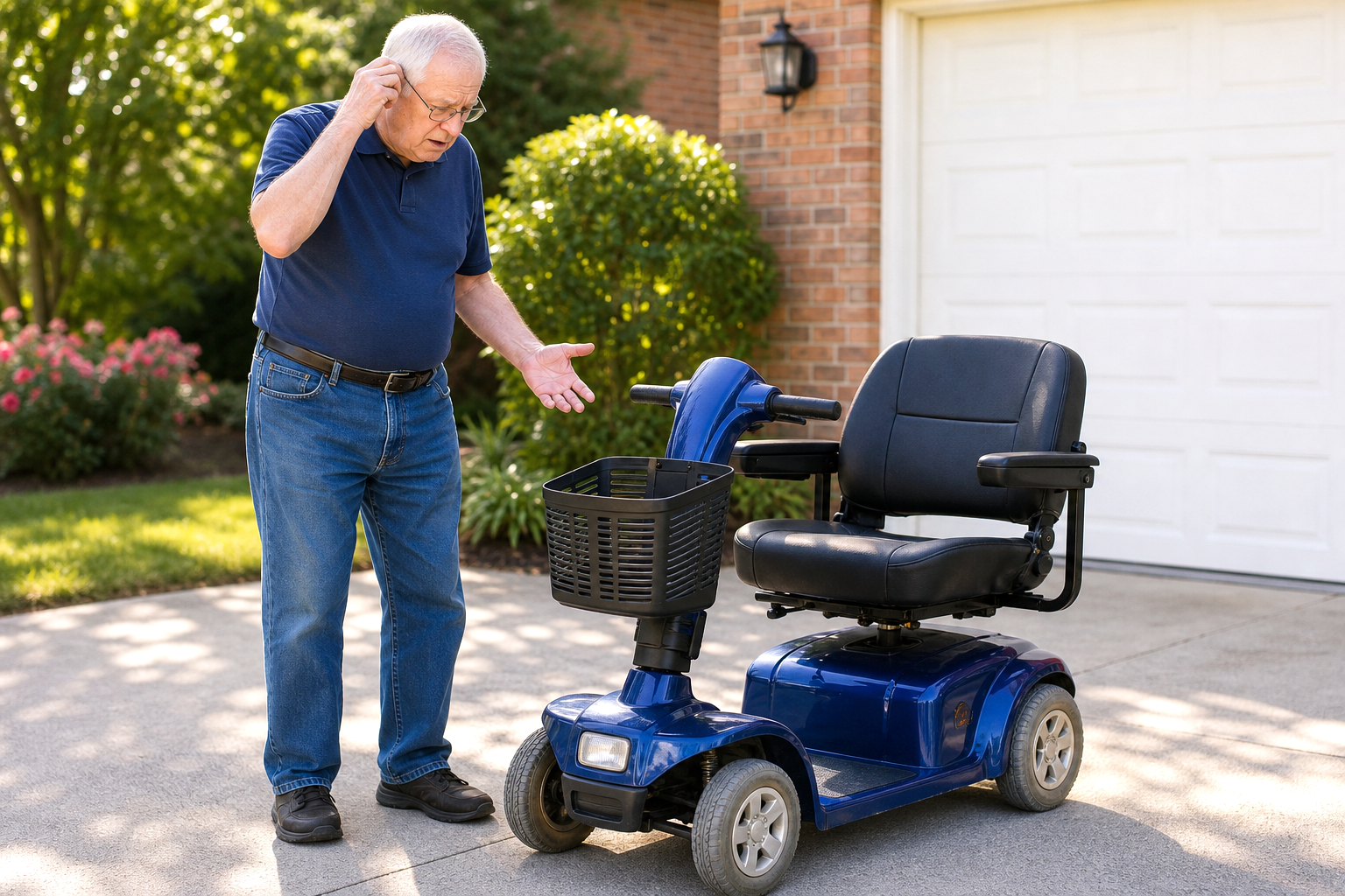 A Senior Gentleman Wondering Why His Mobility Scooter Wont Start A Senior Gentleman Wondering Why His Mobility Scooter Wont Start