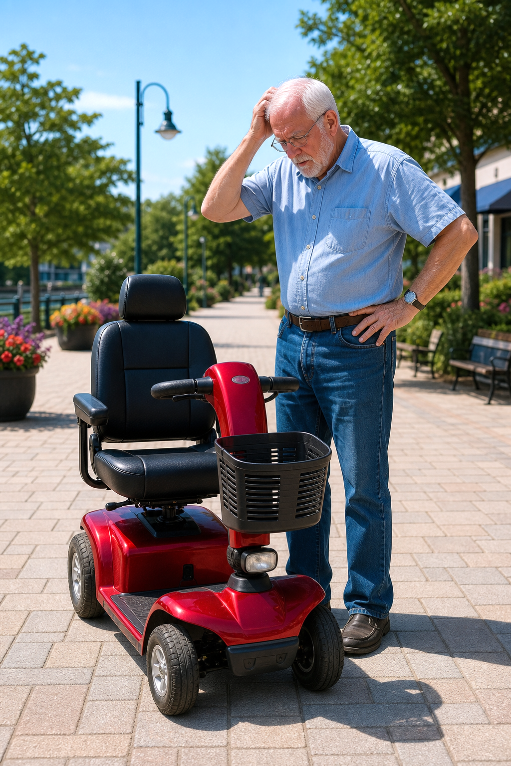 Red Mobility Scooter Breaks Down in Foot Path