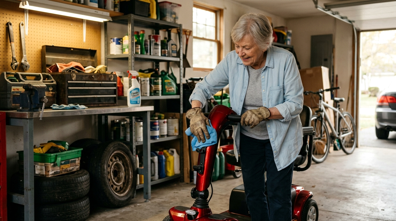 A Senior Lady Claening Her Mobility Scooter A Senior Lady Claening Her Mobility Scooter