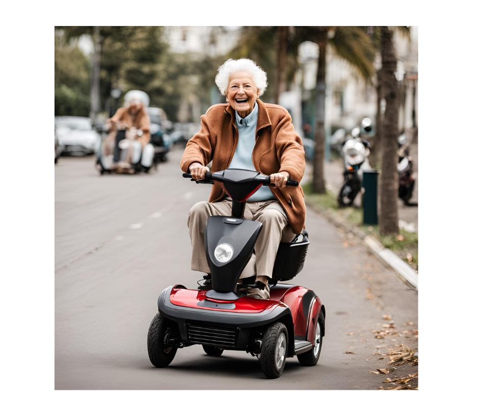 A senior lady in a Mid-size 4 Wheel Mobiity Scooter