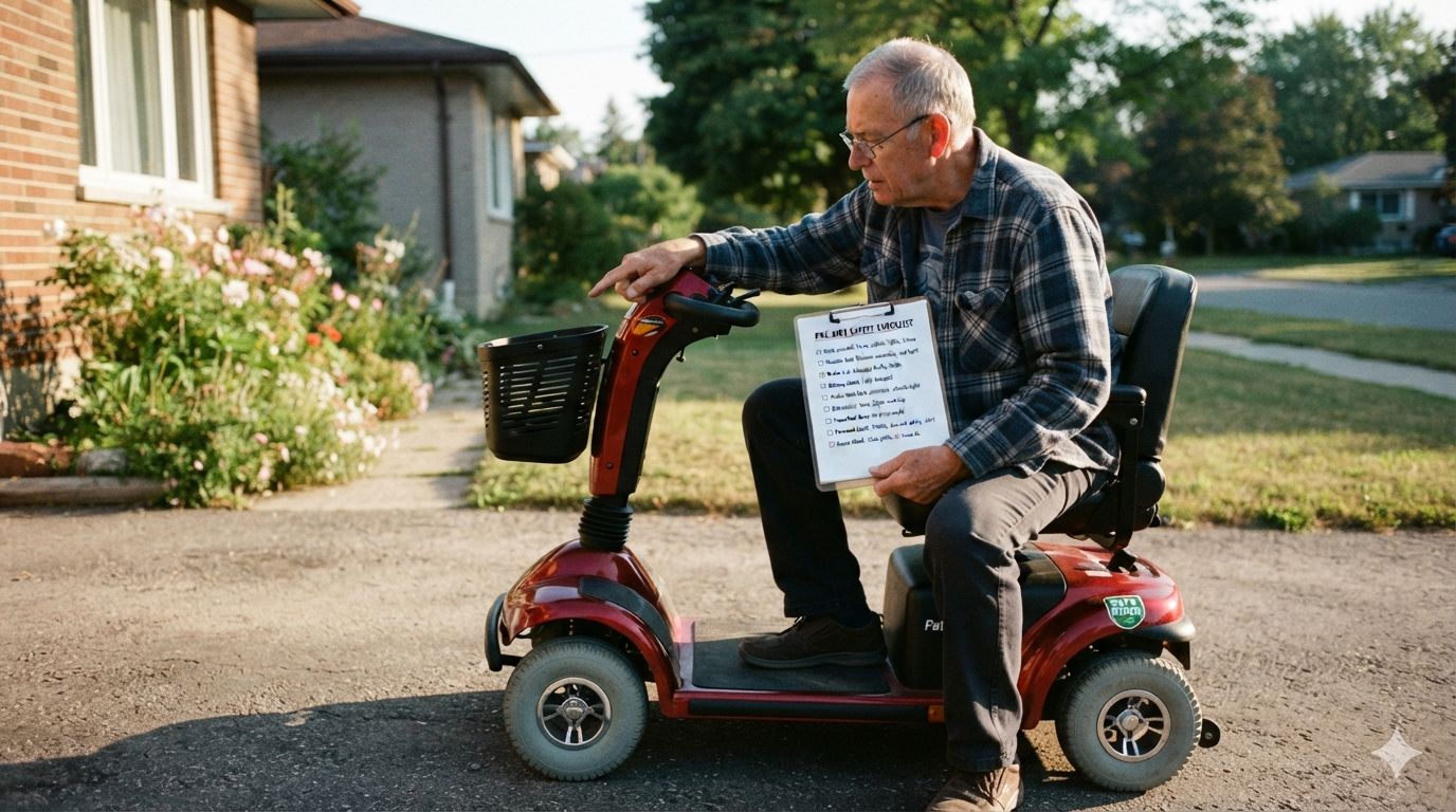 A Senior Rider Doing a Pre-flight safety Check on His Mobility Scooter A Senior Rider Doing a Pre-flight safety Check on His Mobility Scooter