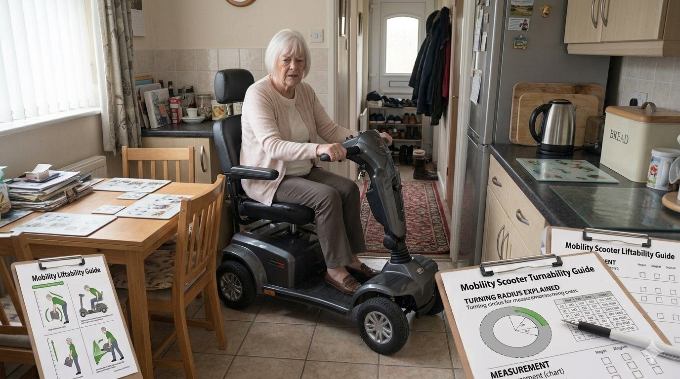 A Senior Lady Scooter Rider Having Problem Turning Around Her Kitchen A Senior Lady Scooter Rider Having Problem Turning Around Her Kitchen