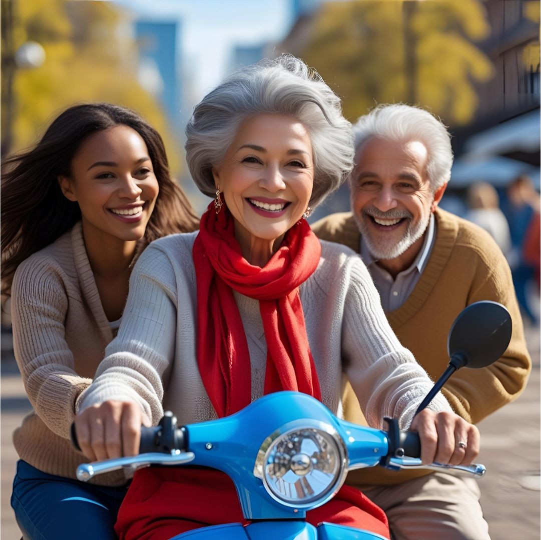 A Lady in a Red Senior Mobility Scooter A Lady in a Red Senior Mobility Scooter