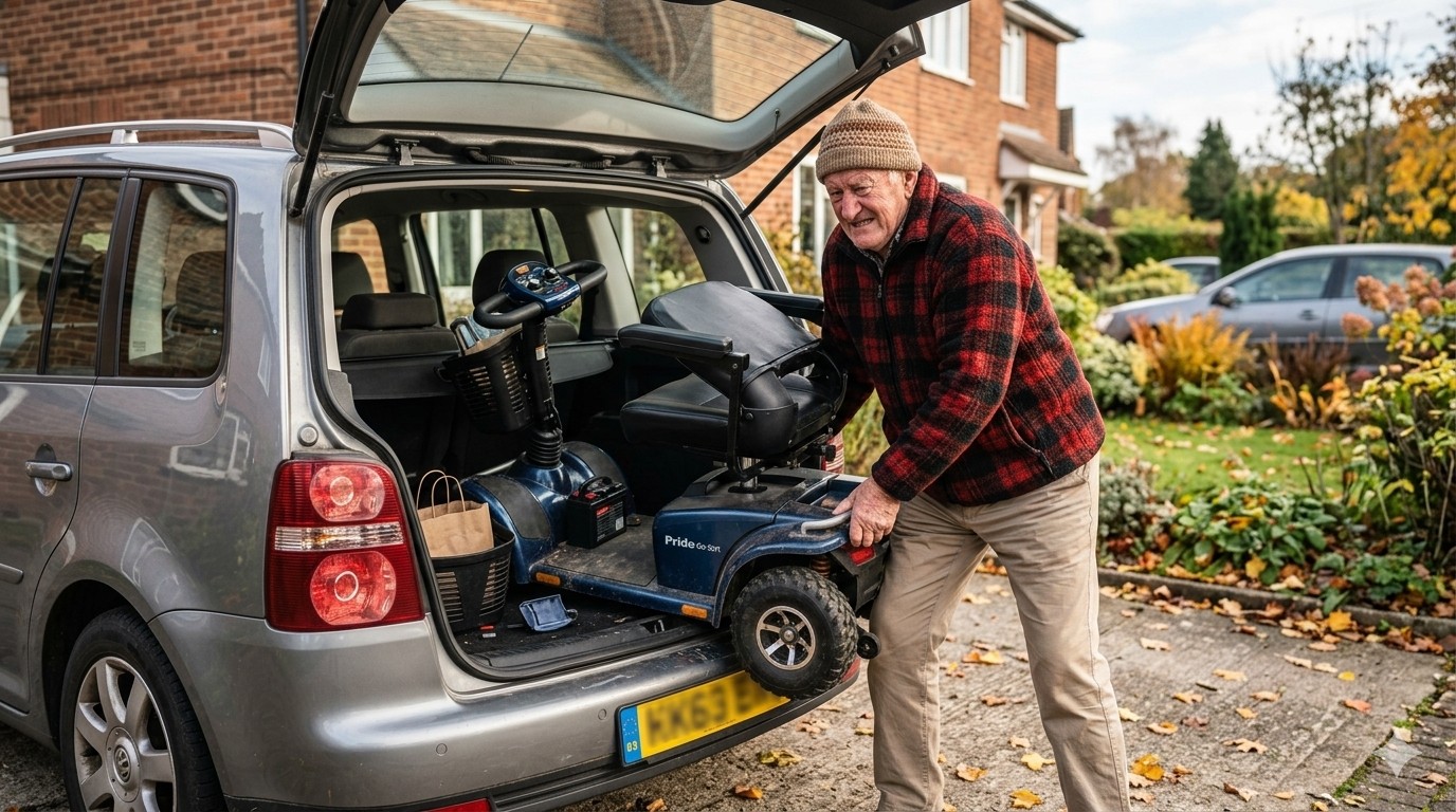 A Senior Rider Struggling to Fit His Scooter in the Car Boot A Senior Rider Struggling to Fit His Scooter in the Car Boot