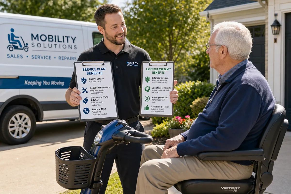 Mobility Scooter Technician Showing a Senior Rider a Clipboard Mobility Scooter Technician Showing a Senior Rider a Clipboard