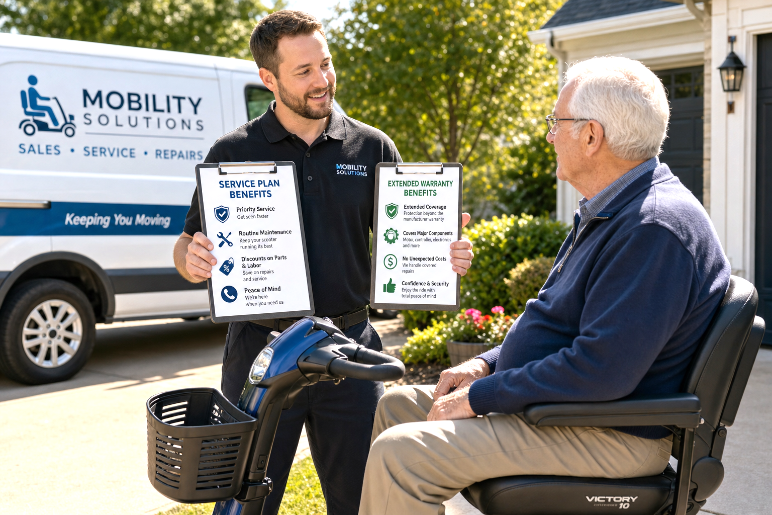 Moility Scooter Technician Explaining to a Customerthe Difference Between a Service Plan vs Extended Warranty Moility Scooter Technician Explaining to a Customerthe Difference Between a Service Plan vs Extended Warranty