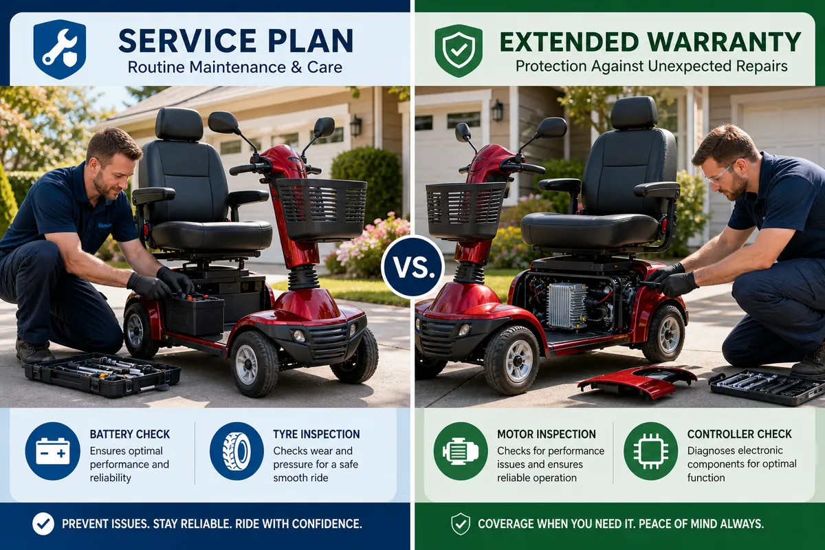 Two Technicians Doing a Service Plan and Extended Warranty Service on a Mobility scooter Two Technicians Doing a Service Plan and Extended Warranty Service on a Mobility scooter