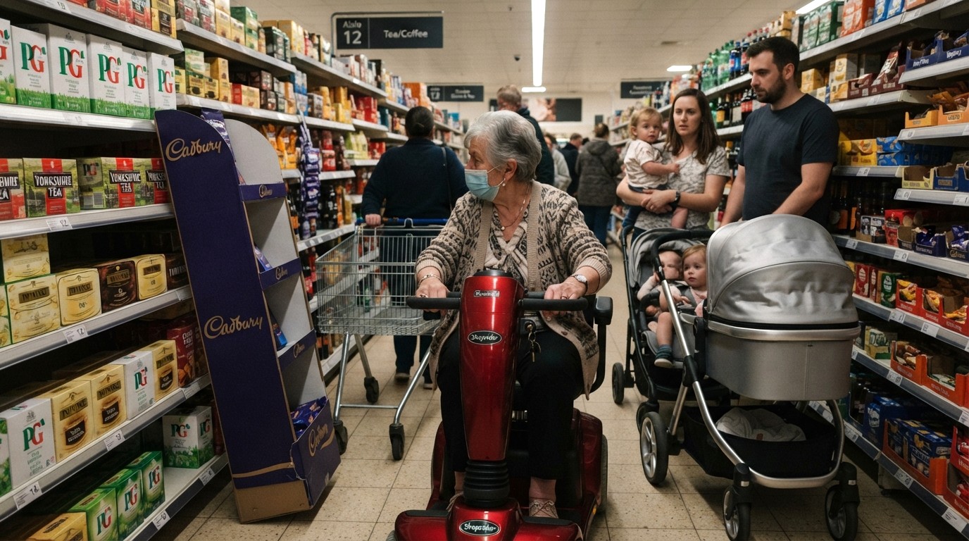 A Senior Lady Rider in Shopping Aisle with Her Mobility Scooter