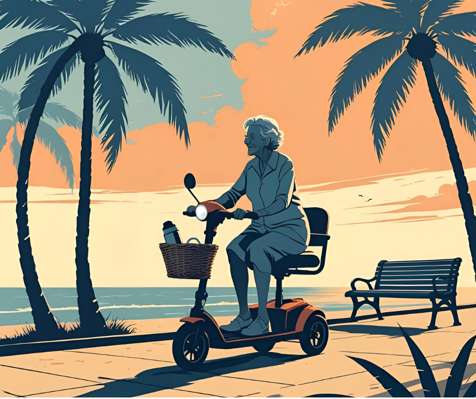 AI Generated Three Wheeled Mobility Scooter with a Lady in the Beach