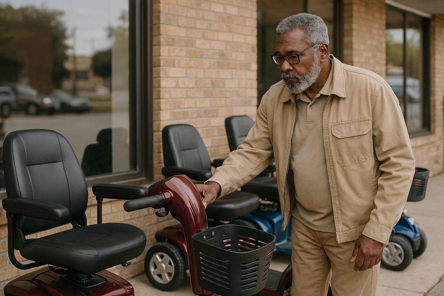 A Gentleman Checking Out Used Mobility Scooter A Gentleman Checking Out Used Mobility Scooter